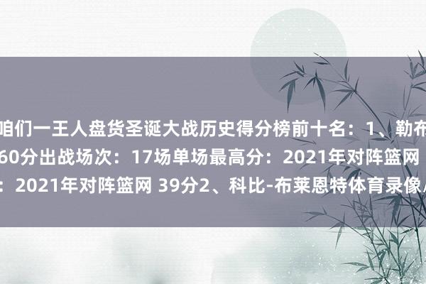 咱们一王人盘货圣诞大战历史得分榜前十名：1、勒布朗-詹姆斯总得分：460分出战场次：17场单场最高分：2021年对阵篮网 39分2、科比-布莱恩特体育录像/图片
