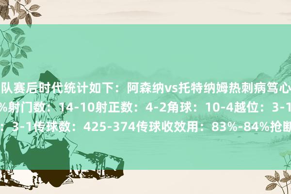 两队赛后时代统计如下：阿森纳vs托特纳姆热刺病笃心率图控球率：53%-47%射门数：14-10射正数：4-2角球：10-4越位：3-1犯规：16-9黄牌：3-1传球数：425-374传球收效用：83%