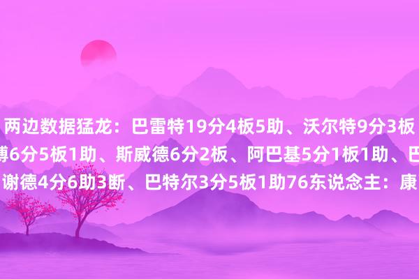 两边数据猛龙：巴雷特19分4板5助、沃尔特9分3板、罗宾逊7分2板、莫格博6分5板1助、斯威德6分2板、阿巴基5分1板1助、巴恩斯4分4板1助2断、谢德4分6助3断、巴特尔3分5板1助76东说念主：康