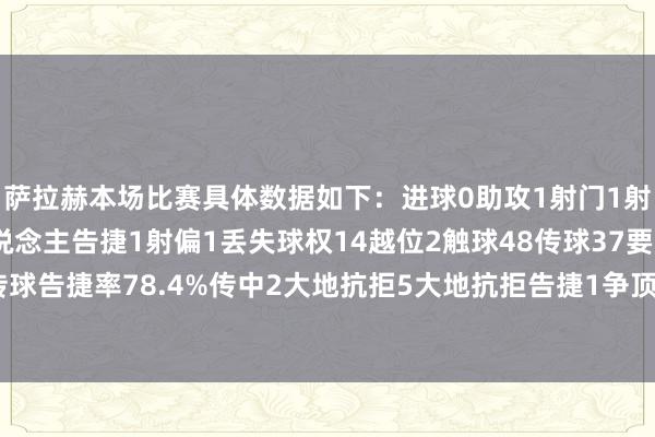 萨拉赫本场比赛具体数据如下：进球0助攻1射门1射正0过东说念主3过东说念主告捷1射偏1丢失球权14越位2触球48传球37要道传球3传球告捷率78.4%传中2大地抗拒5大地抗拒告捷1争顶1争顶告捷0犯规