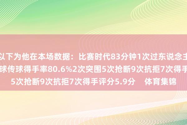 以下为他在本场数据：比赛时代83分钟1次过东说念主50次触球1次要道传球传球得手率80.6%2次突围5次抢断9次抗拒7次得手评分5.9分    体育集锦